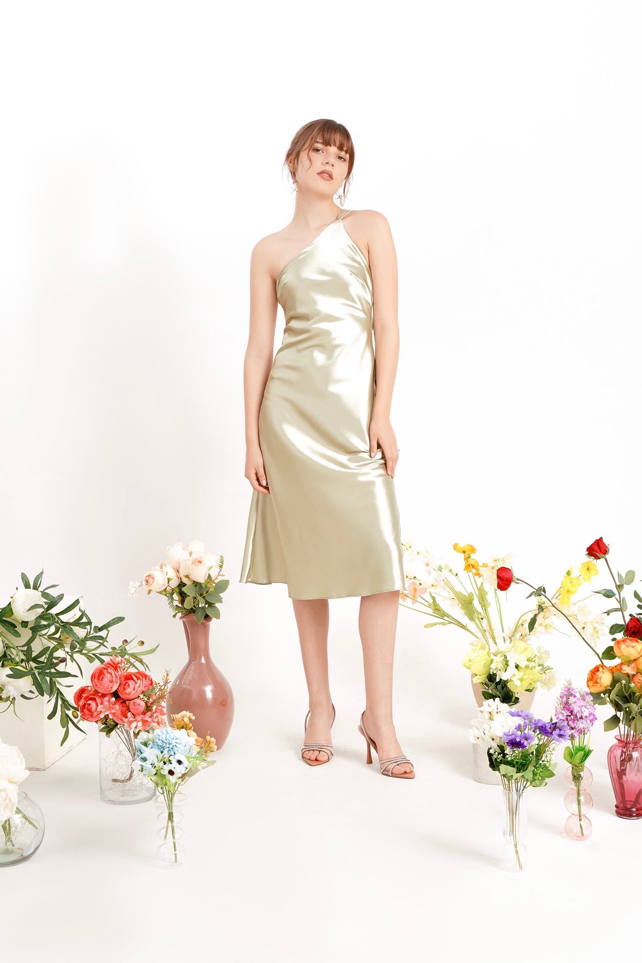 daphne satin midi dress Daphne Cami One Shouler Midi Satin Dress