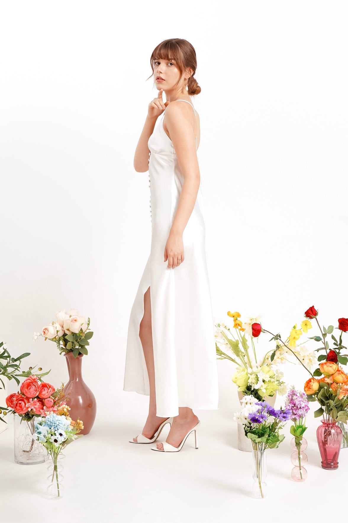 Jessica Cami V Neck High Center Slit Long Satin Dress
